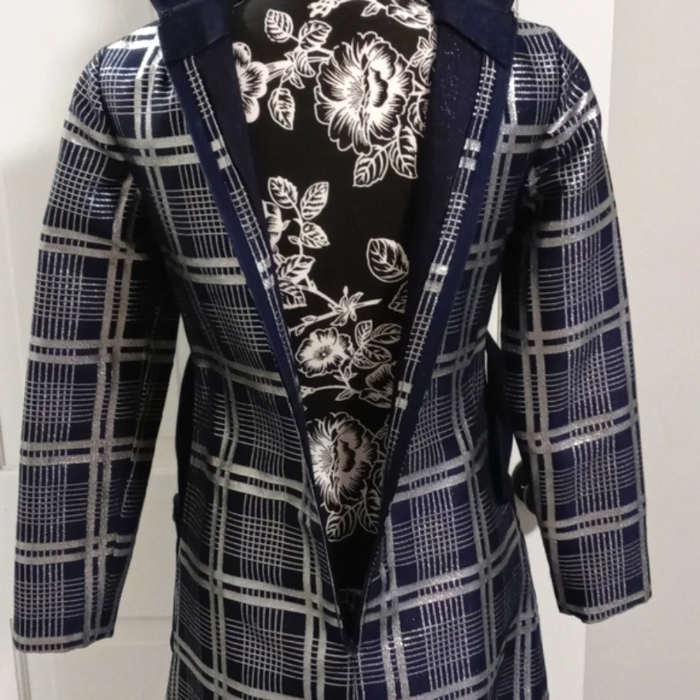 💙VTG 1960s Oscar de la Renta💙 - Navy Silk & Silver Metallic Plaid Mod Dress - Picture 13 of 16